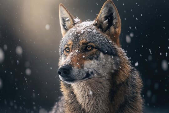 Animal portrait of a wolf in a snowfall. Generative AI