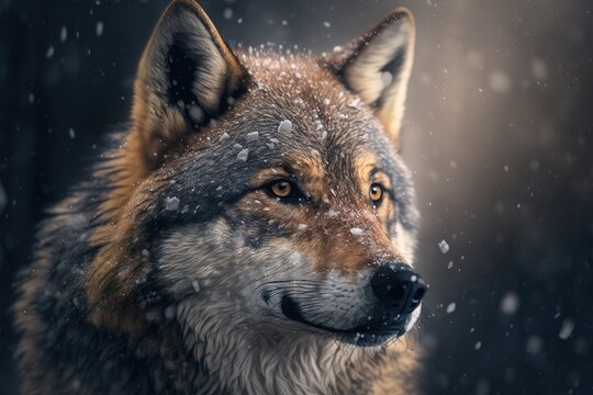 Animal portrait of a wolf in a snowfall. Generative AI