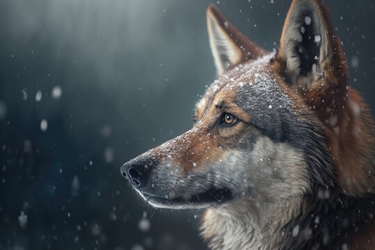 Animal portrait of a wolf in a snowfall. Generative AI