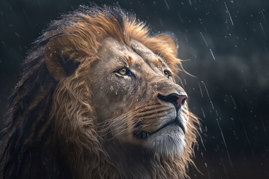 Animal portrait of a lion in a rainstorm. Generative AI