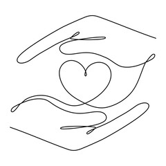 Hands holding heart continuous one line art drawing. Charity donation linear symbol. Vector illustration isolated on white.	