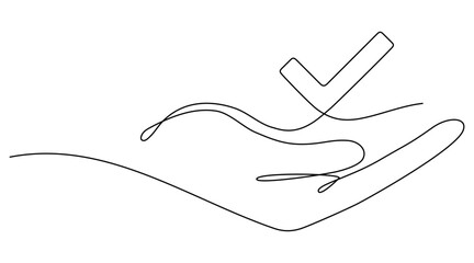 Obraz premium Hand holds award checkmark sign continuous line drawing. Approval check symbol. Vector illustration isolated on white.