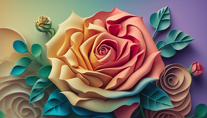 3D natural illustration of colorful blooming rose flower. Rainbow rose flower. 3D realistic illustration. Based on Generative AI