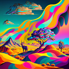 Fototapeta na wymiar Colorful rainbow color landscape with trees, mountains, sky, and clouds. Colorful rainbow color landscape. Generative AI.
