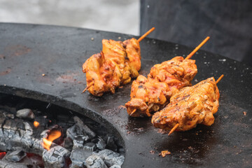 Preparing chicken meat skewers, grilled or roasted in a barbecue on an open fire with flames, shashlik or shashlyk for an outdoor picnic, close up