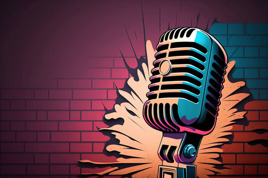 Retro style microphone on a stage with comic background. generative ai. Microphone