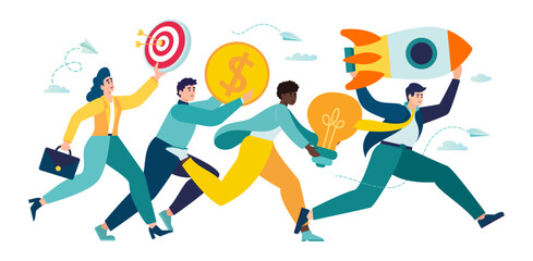 entrepreneurship teamwork on start up project startup. people run rocket ,investments ,ideas new project launch metaphor. company launches new acceleration product start. vector illustration teamwork
