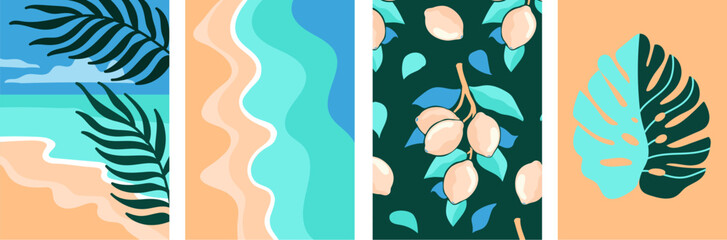 Modern minimal abstract vertical banner set. Sea landscape background. Interior design. Simple vector graphic. Summer background.