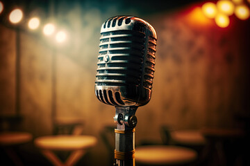 Retro style microphone on a stand up comedy stage with bokeh lights in background. generative ai. Microphone - obrazy, fototapety, plakaty