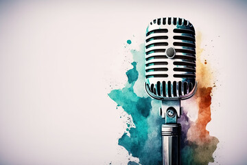 Retro style microphone on a stage with watercolor background. generative ai. Microphone