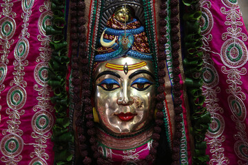 Detail of a Shiva murthi (statue) in a Vrindavan temple.  India.