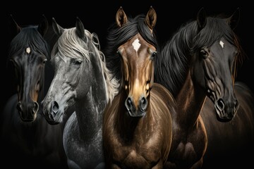 A picture of a group of horses on a black background for a banner. Generative AI