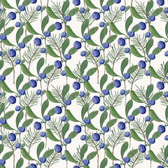 Watercolor summer pattern with blueberries