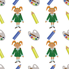 Vector pattern with a girl, paints, pencils