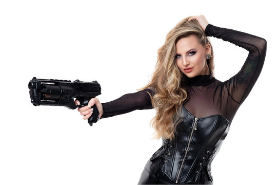 Beautiiful Sexy Woman In Bodysuit and Corset With Gun