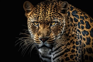 Plakat Wild leopard looking angry on a black background. Generative AI