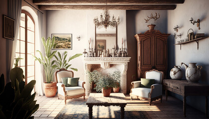 Mediterranean style living room interior design illustration created using generative AI.