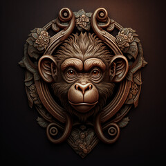 monkey, apes, aesthetic, ornaments, chinese zodiac, zodiac, brown, wood, wood style, portrait, in action, generative ai