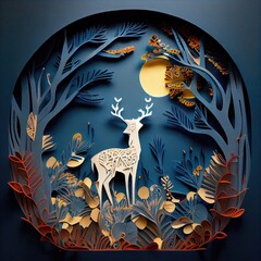 Paper art and craft style of Deer in the forest with copy space, Create custom greeting cards Happy new year, Christmas or other holidays, 3D rendering design. Generative AI