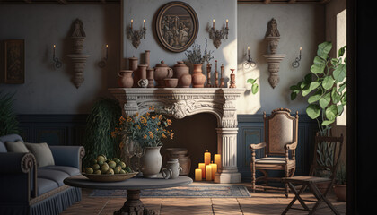 Mediterranean style living room interior design illustration created using generative AI.