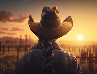 Beautiful woman in cowboy wild west style, cowboy hat and jeans jacket, fashion portrait photo session, advertising, agricultural field, warm and orange colors on the sunset sky. Generative AI