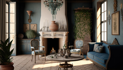 Mediterranean style living room interior design illustration created using generative AI.