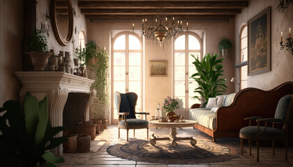 Mediterranean style living room interior design illustration created using generative AI.