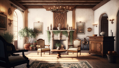 Mediterranean style living room interior design illustration created using generative AI.