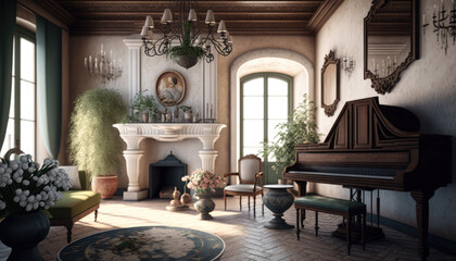 Mediterranean style living room interior design illustration created using generative AI.