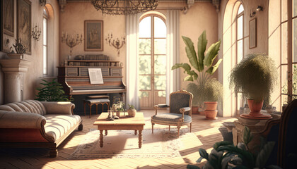 Mediterranean style living room interior design illustration created using generative AI.
