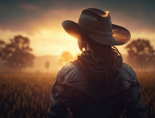 Beautiful woman in cowboy wild west style, cowboy hat and jeans jacket, fashion portrait photo session, advertising, agricultural field, warm and orange colors on the sunset sky. Generative AI - obrazy, fototapety, plakaty