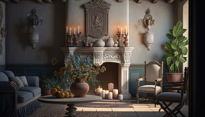 Mediterranean style living room interior design illustration created using generative AI.