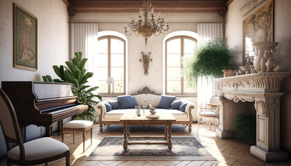 Fototapeta na wymiar Mediterranean style living room interior design illustration created using generative AI.