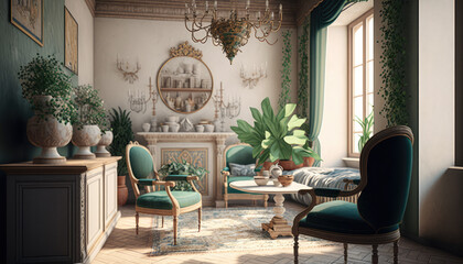Mediterranean style living room interior design illustration created using generative AI.