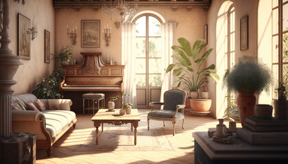 Mediterranean style living room interior design illustration created using generative AI.