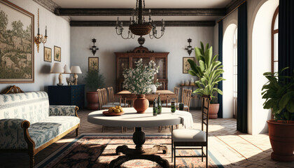 Mediterranean style living room interior design illustration created using generative AI.