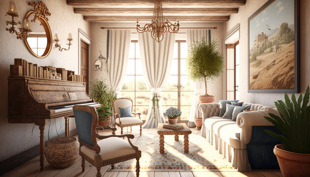 Mediterranean style living room interior design illustration created using generative AI.