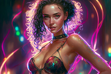 Attractive sexy dancer girl in bikini clubbing at the hot summer dance party. Neon light. Vacation nightlife.	 - obrazy, fototapety, plakaty
