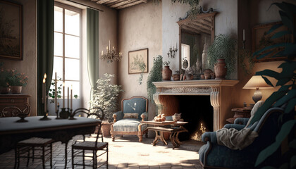 Mediterranean style living room interior design illustration created using generative AI.