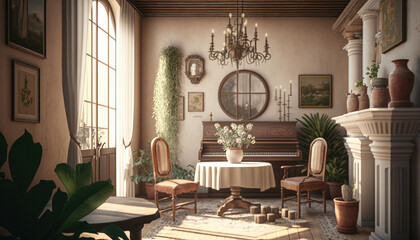 Mediterranean style living room interior design illustration created using generative AI.
