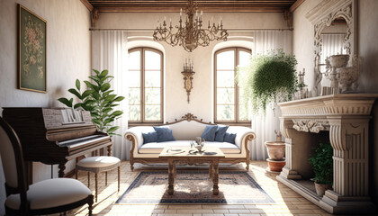Mediterranean style living room interior design illustration created using generative AI.