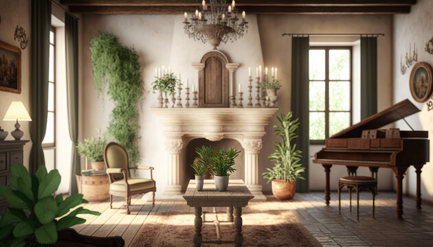 Mediterranean style living room interior design illustration created using generative AI.