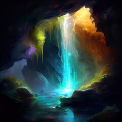 Abstract colorful stone cave background. Rock formations on the arches and walls of the hall in the cave. archeology. colorful. Generative Ai