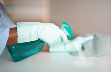 Unrecognizable maid hands cleaning apartment, house-keeping service concept