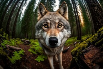 Fototapeta na wymiar Portrait Selfie of Wolf in Forest Generative AI