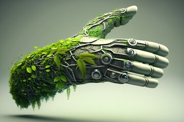 Green technology conceptual design, robot arm covered with grass, Generative AI