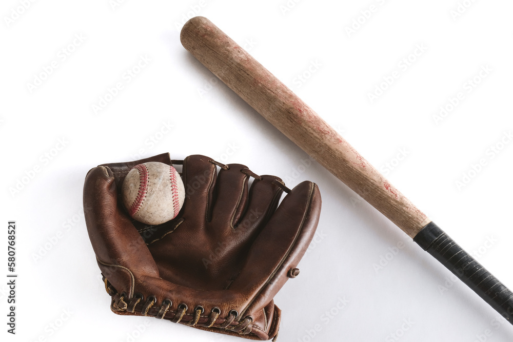 Sticker Modern sports background with used baseball equipment isolated on white background. - Stickers