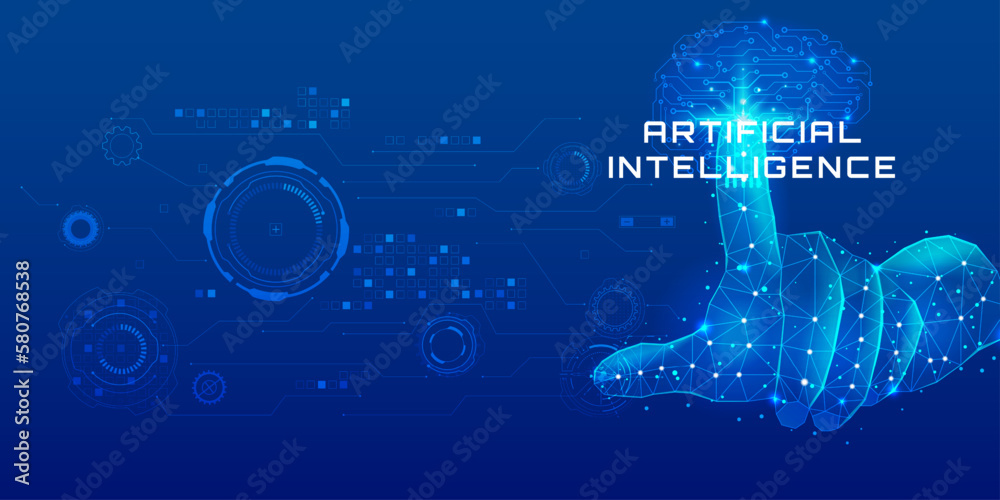 Aufkleber Abstract low poly hand use finger pressing smart brain concept technology of artificial intelligence. ai analysis deep machine learning on circular hud system vector background.