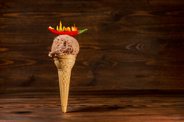 funny creative concept of unstable wafer cone with scoop of chocolate ice cream and burning red...