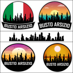 Busto Arsizio Skyline Silhouette Italy Flag Travel Souvenir Sticker Sunset Background Vector Illustration SVG EPS AI